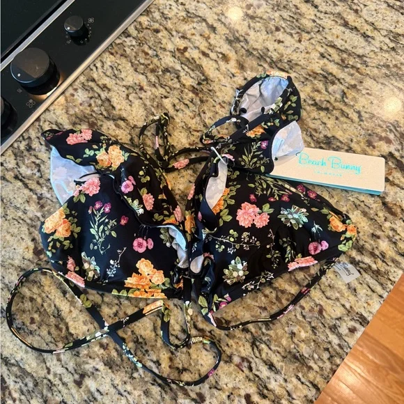 Top & Bottom Beach Bunny Black Floral Wrap Top/ Bikini Bottom - Both are size XL - Picture 3 of 5